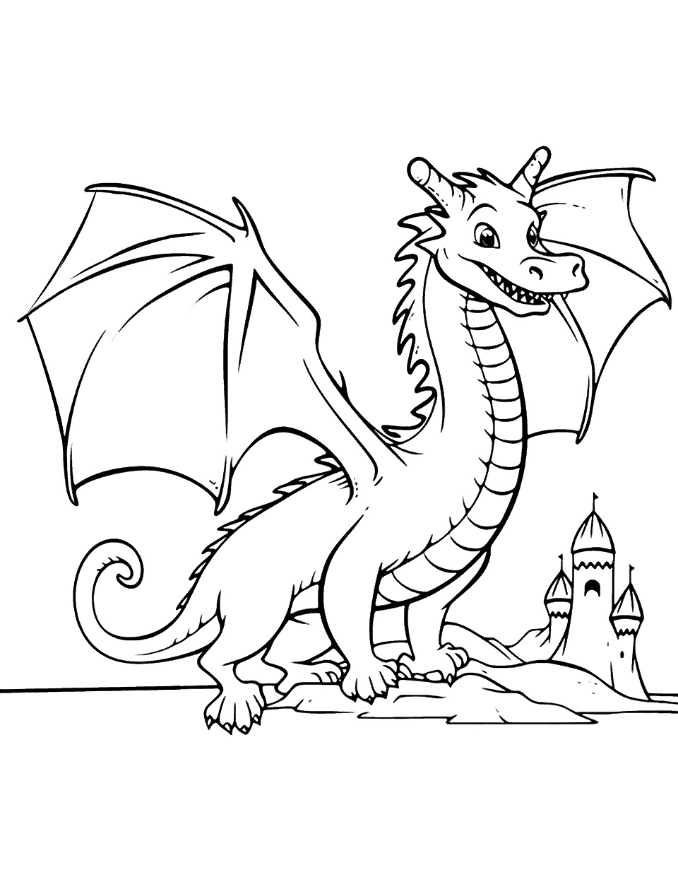 Ausmalbild Drache und Burg