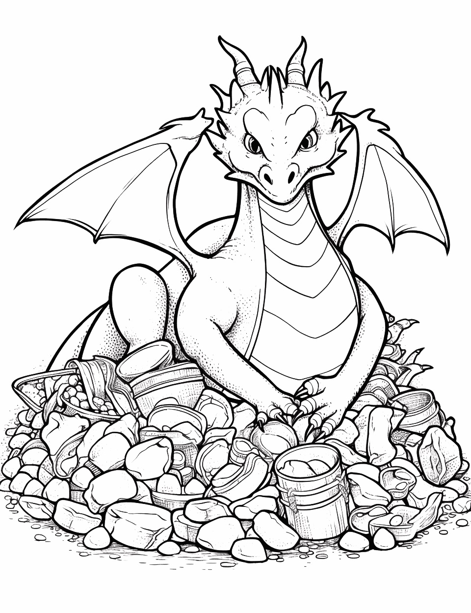 Ausmalbild Drachen und Schatz zum Ausdrucken