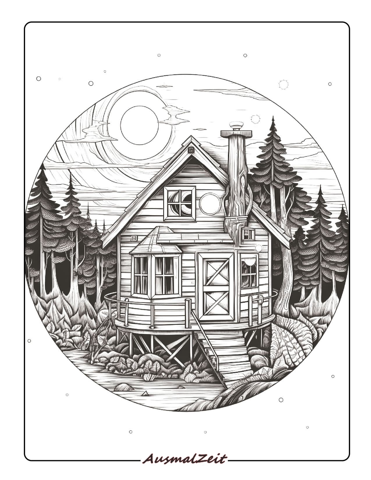 Ausmalbild Haus in Landschaft