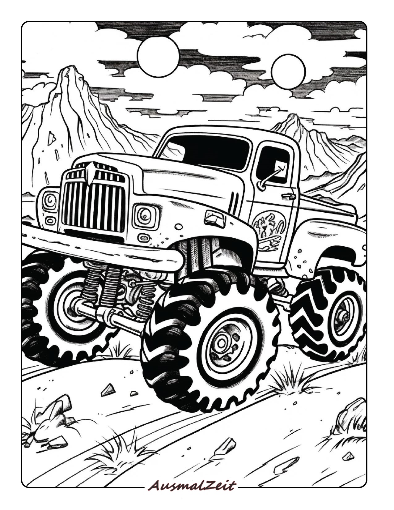 Ausmalbild Monstertruck auf Berg