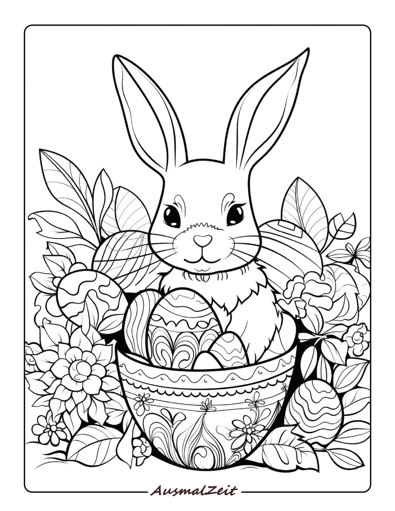 Ausmalbild Osterhase mit Korb zum Ausdrucken