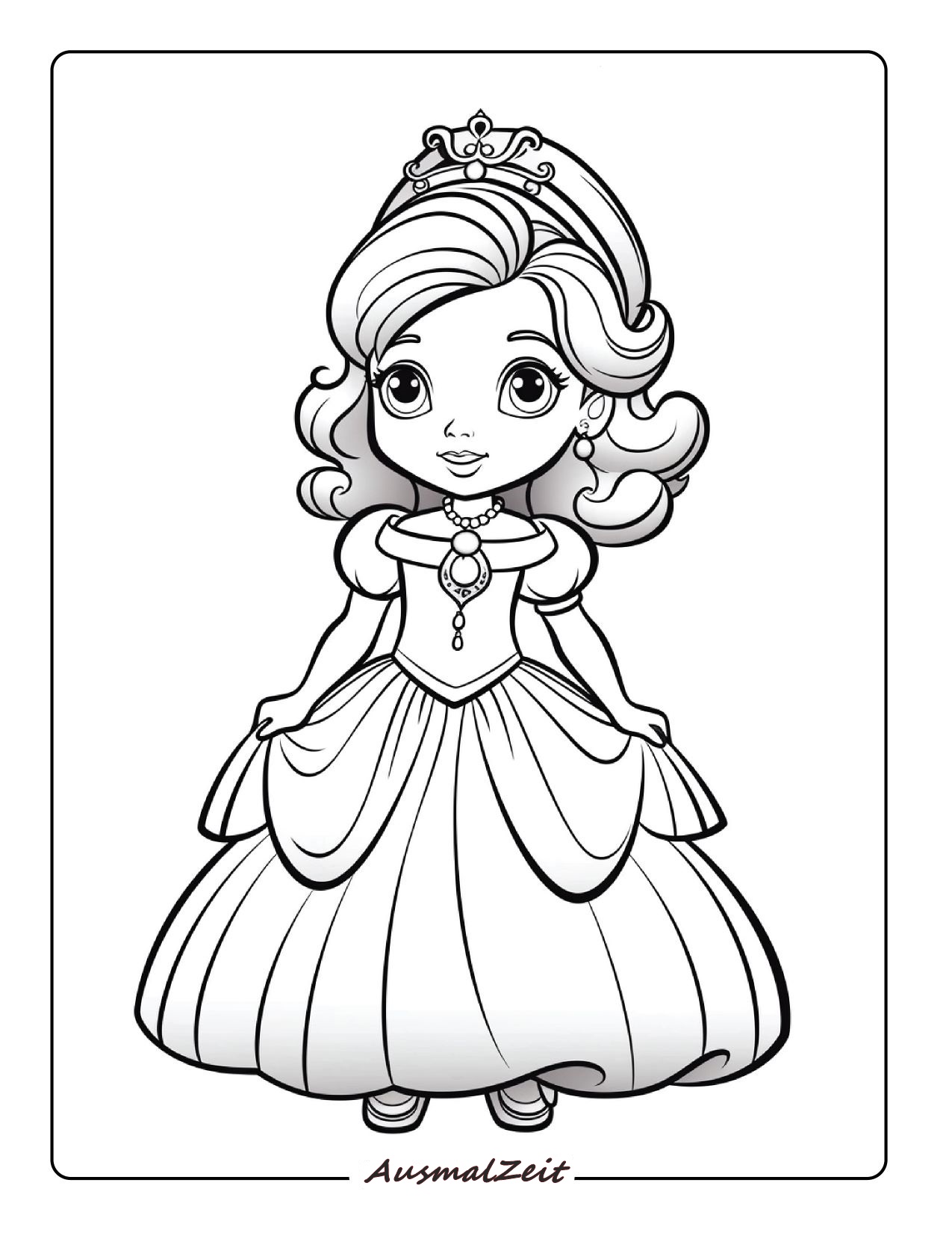 Ausmalbild Prinzessin mit Locken und Krone im Porträt