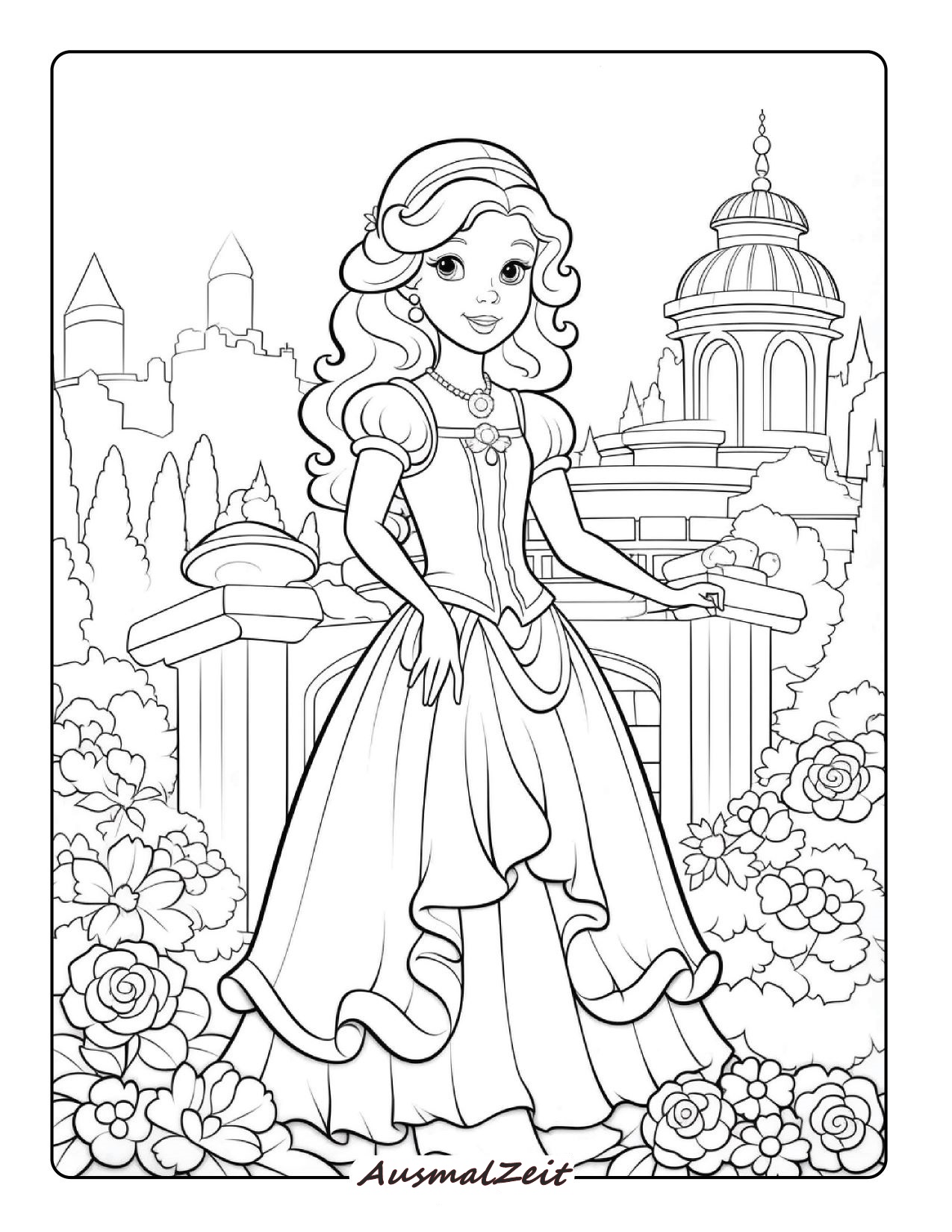 Ausmalbild Ausmalbild Prinzessin und Prinz vor Schlosskulisse