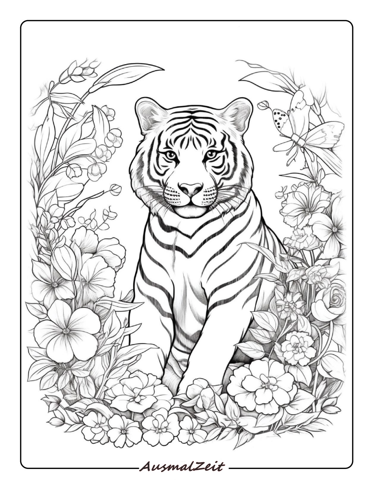 Ausmalbild Tiger ruht in Dschungelumgebung