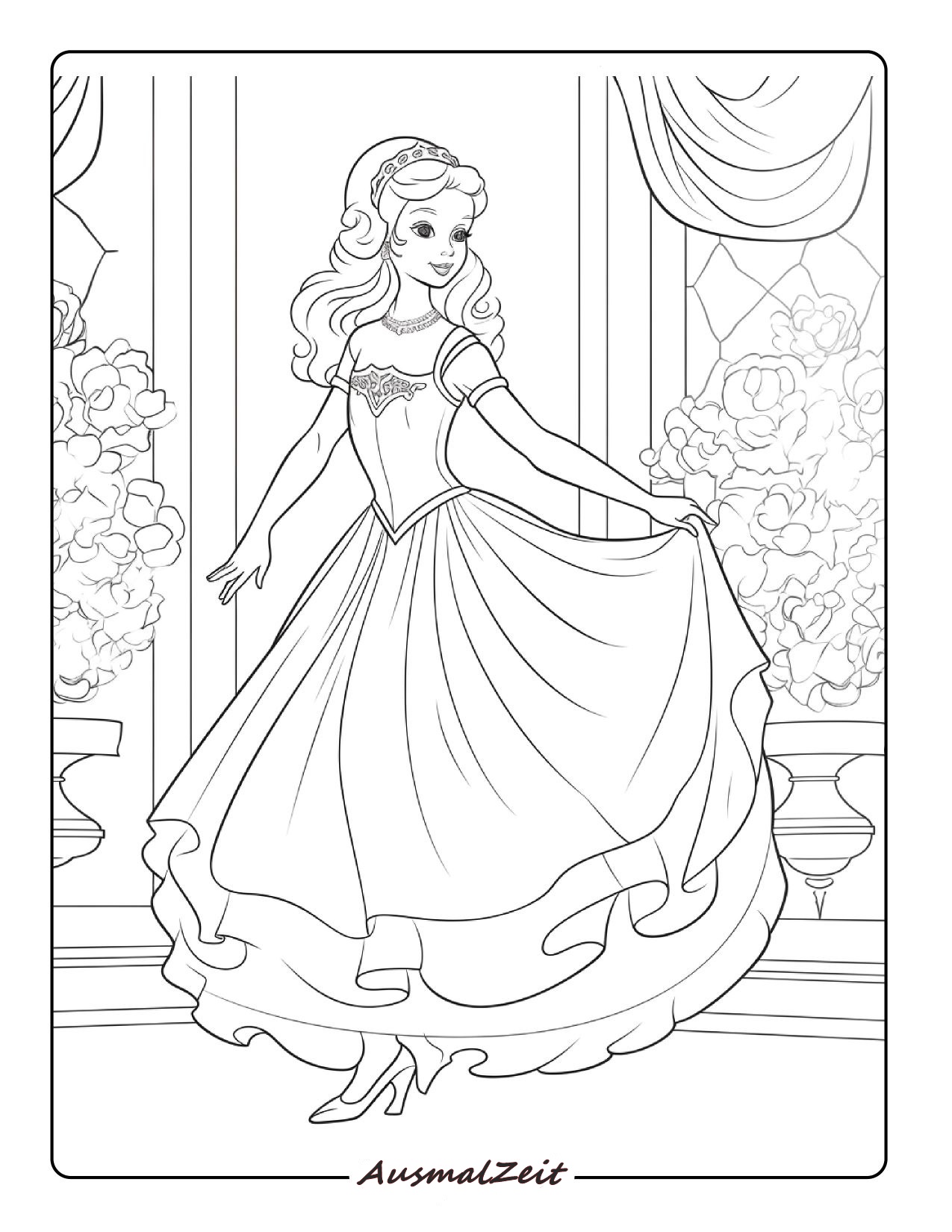 Ausmalbild Kleine Prinzessin vor Schloss mit Blumen