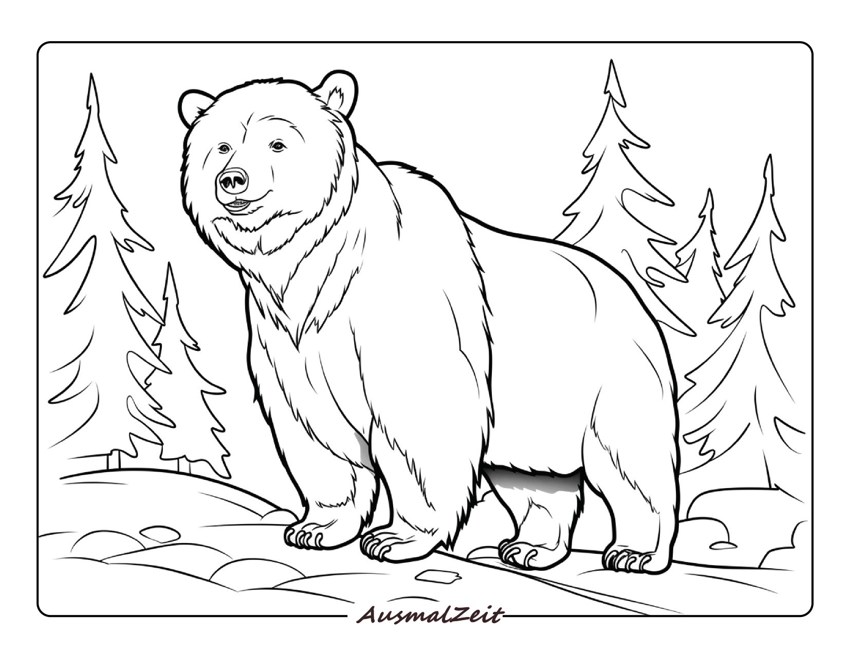 Flauschiger Bär im Wald Ausmalbild zum Ausdrucken