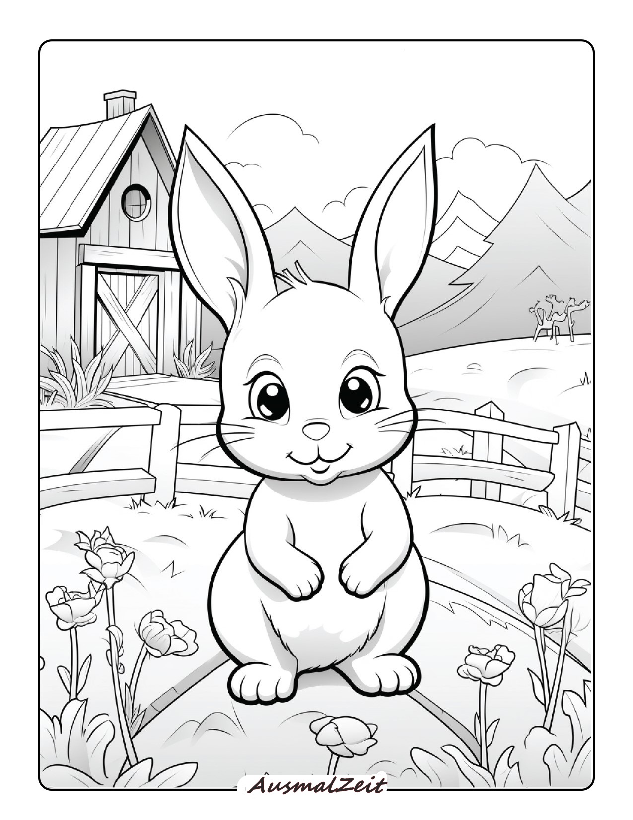 Fröhliches Hase auf dem Bauernhof Ausmalbild zum Ausdrucken