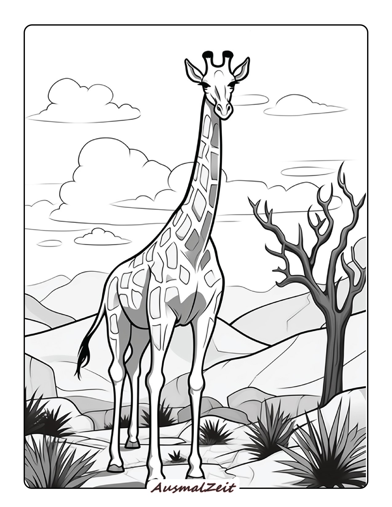 Malvorlage Giraffe und Blumen zum Ausdrucken