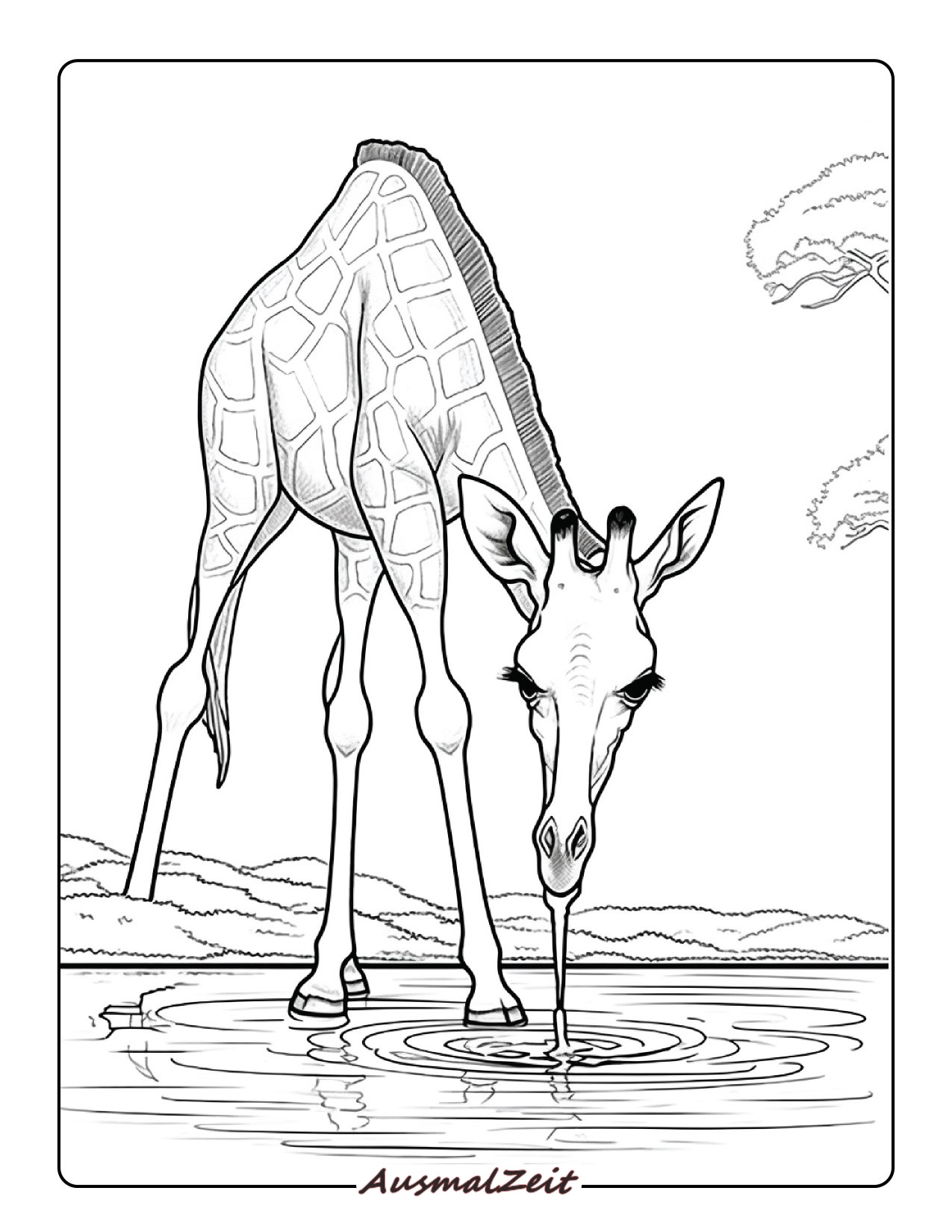 Ausmalbild Giraffe zwischen Wassertropfen