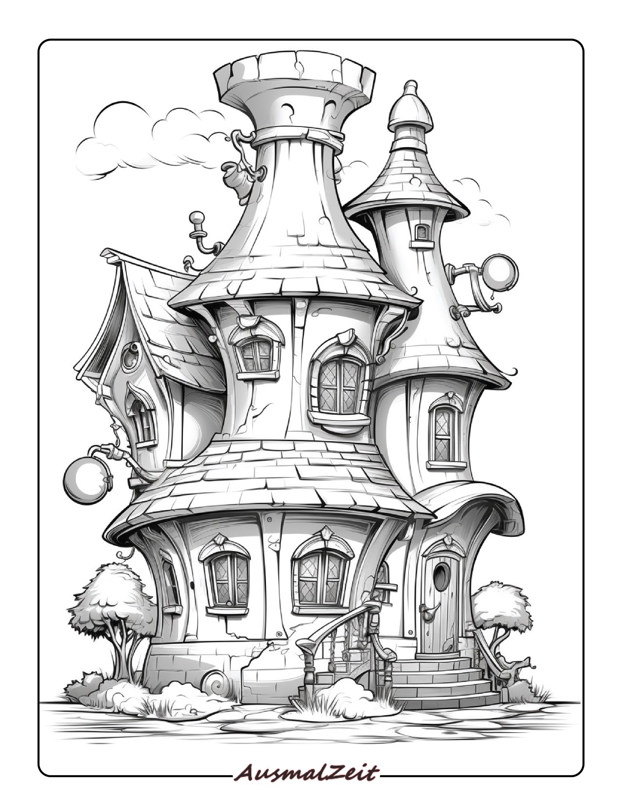 Haus mit Bäumen und vielen Fenstern Ausmalbild