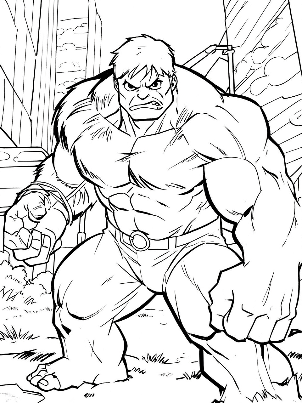 Ausmalbild Hulk in der Stadt