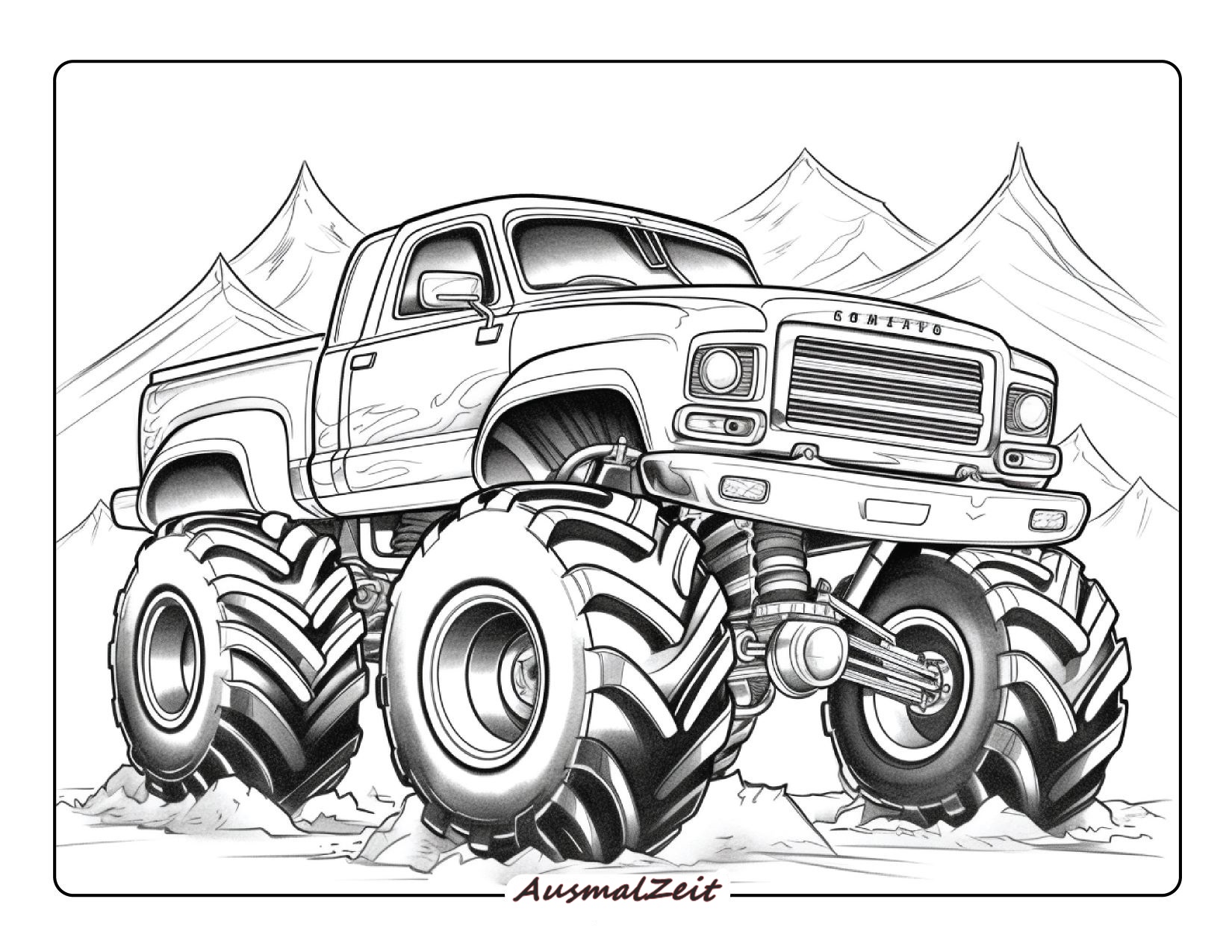 Malvorlage Monstertruck auf Felsen