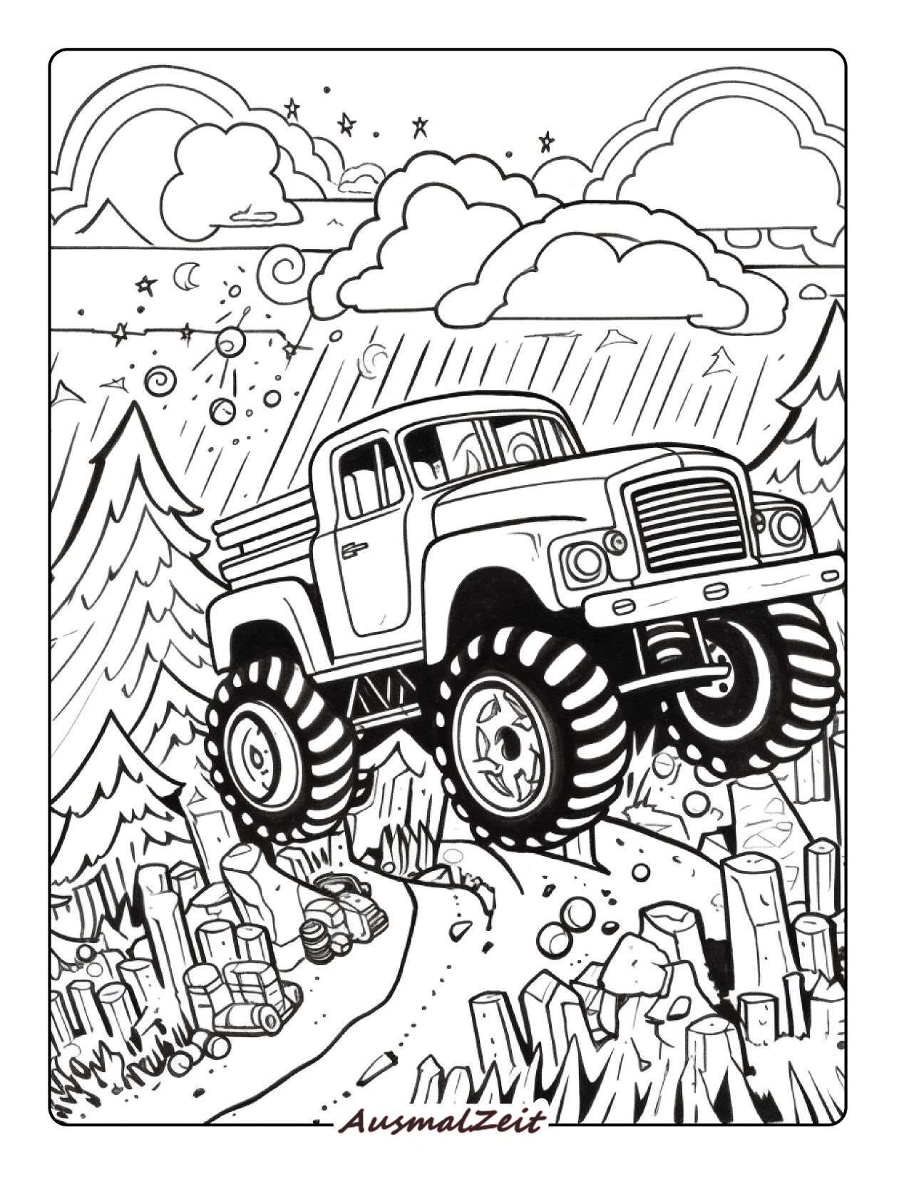 Monstertruck im Wald Ausmalbild zum Ausdrucken