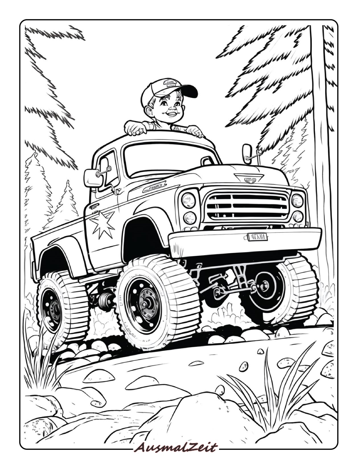 Malvorlage Monstertruck und Kind