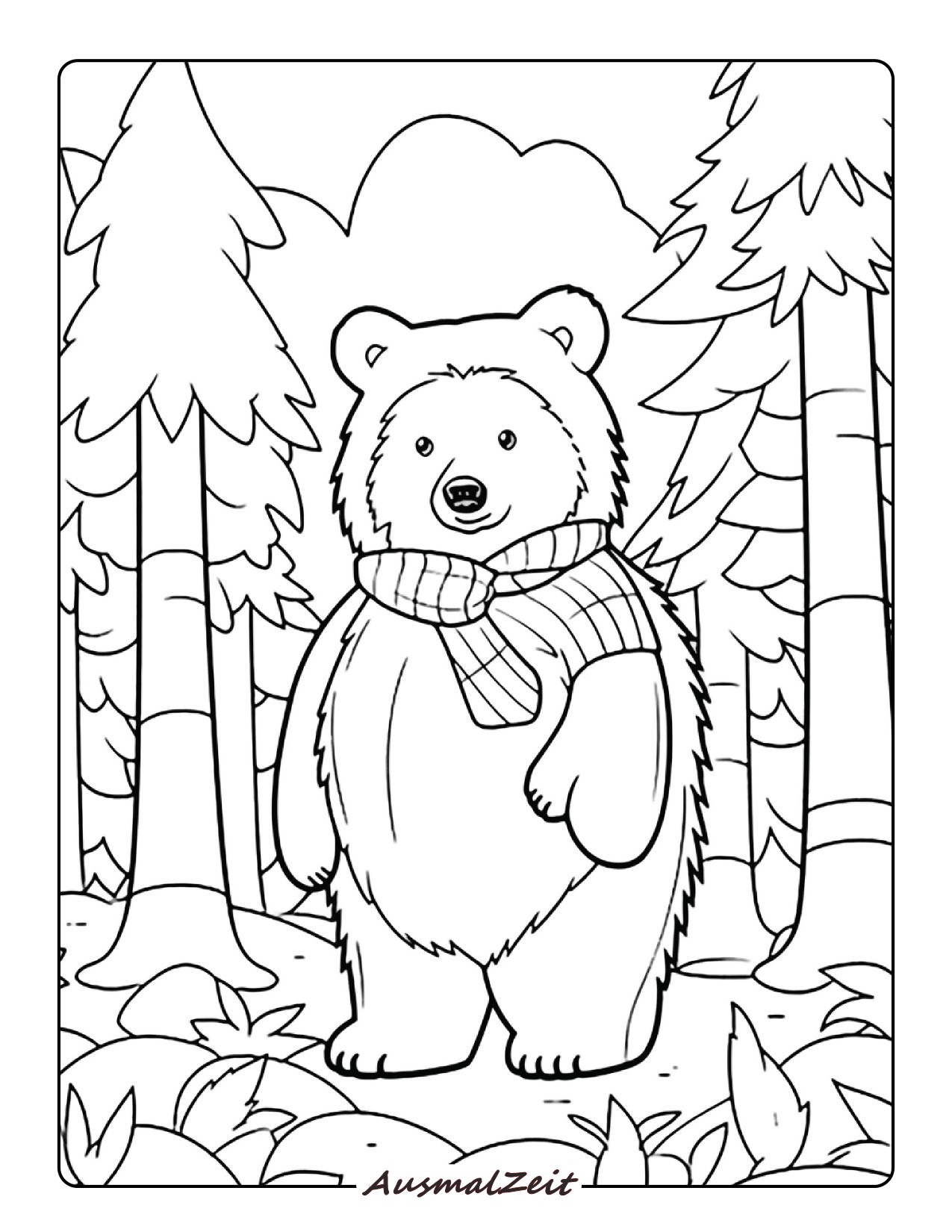 Niedlicher Braunbär mit Schal zum Ausmalen und Ausdrucken