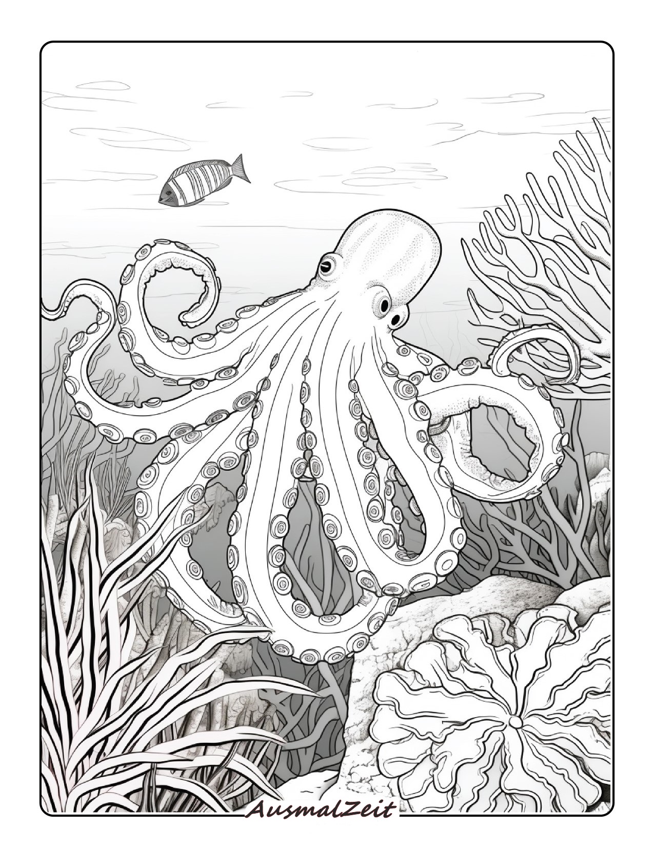 Malvorlage Oktopus fühlt sich wohl im Korallenriff
