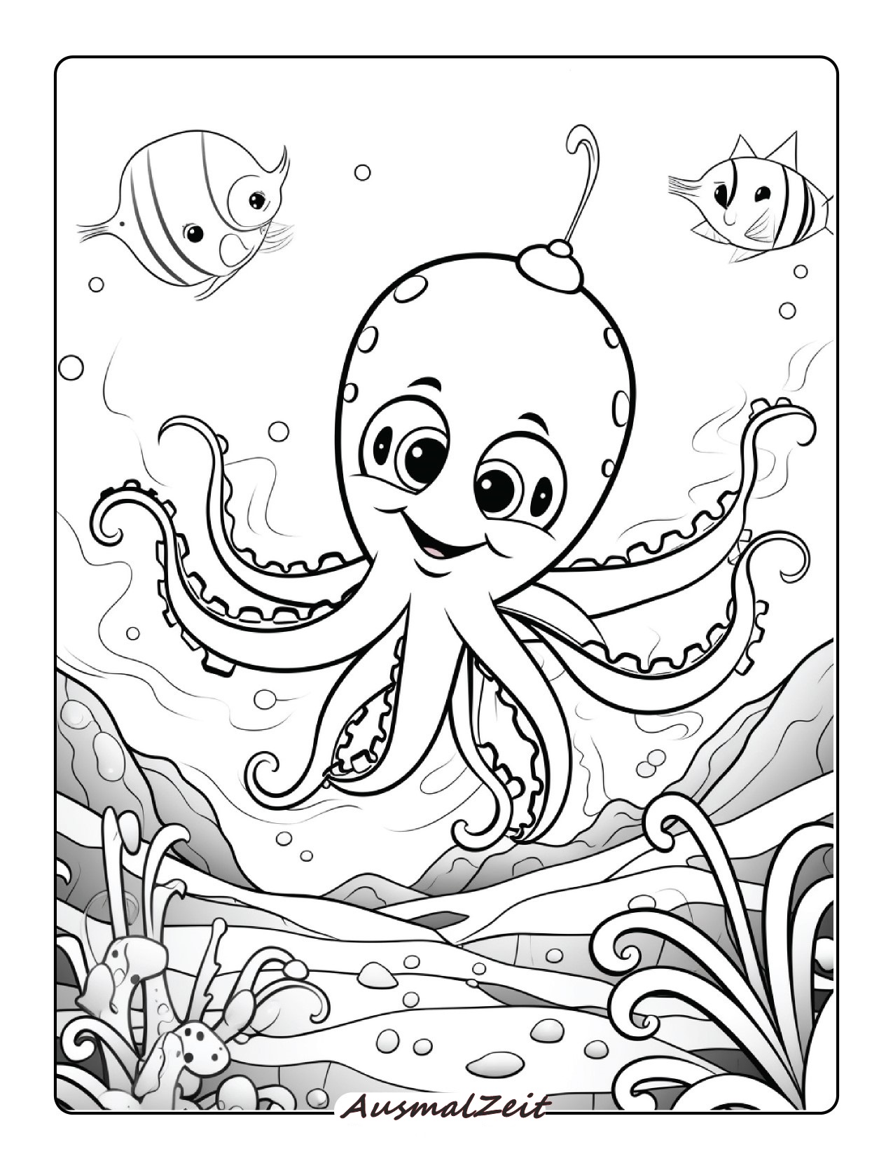 Sanfter Oktopus mit Fisch Malvorlage
