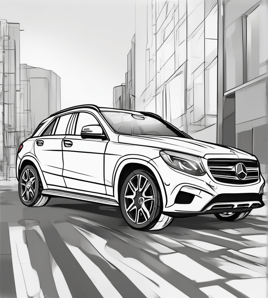 Schöner Mercedes parkt in der Stadt Ausmalbild zum Ausdrucken und Herunterladen