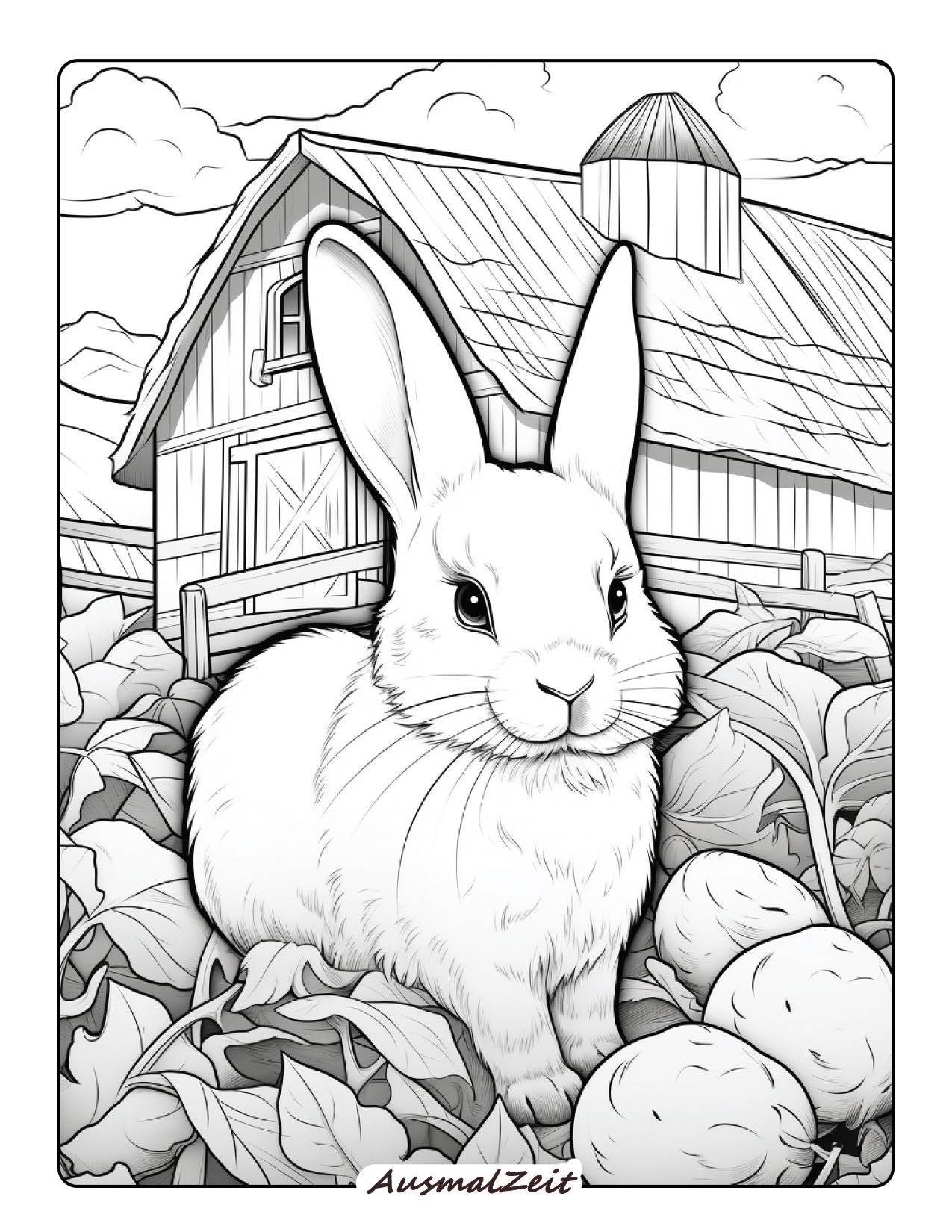 Vorlage Hase mit Gemüse zum Ausmalen und Herunterladen
