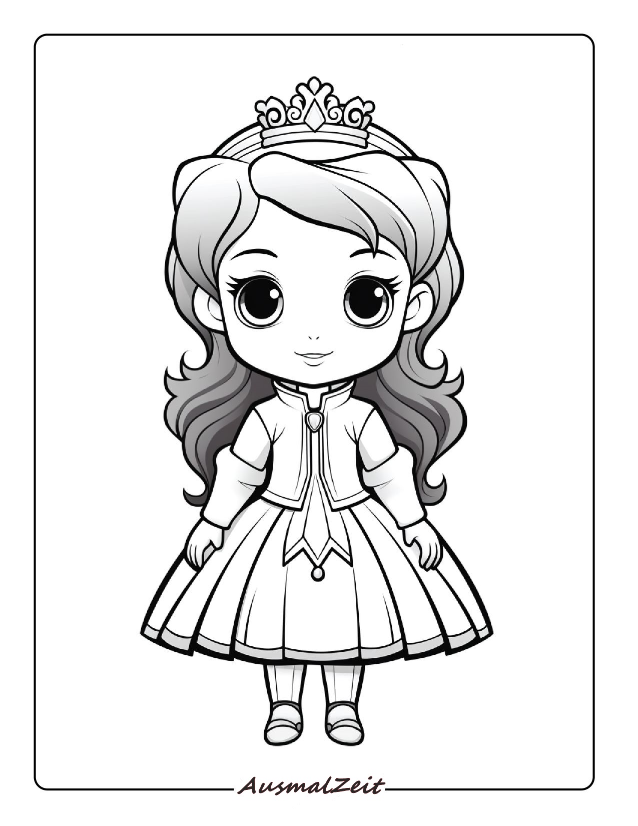 Ausmalbild Vorlage Prinzessin steht Krone Kleid Kostenlos zum Ausdrucken