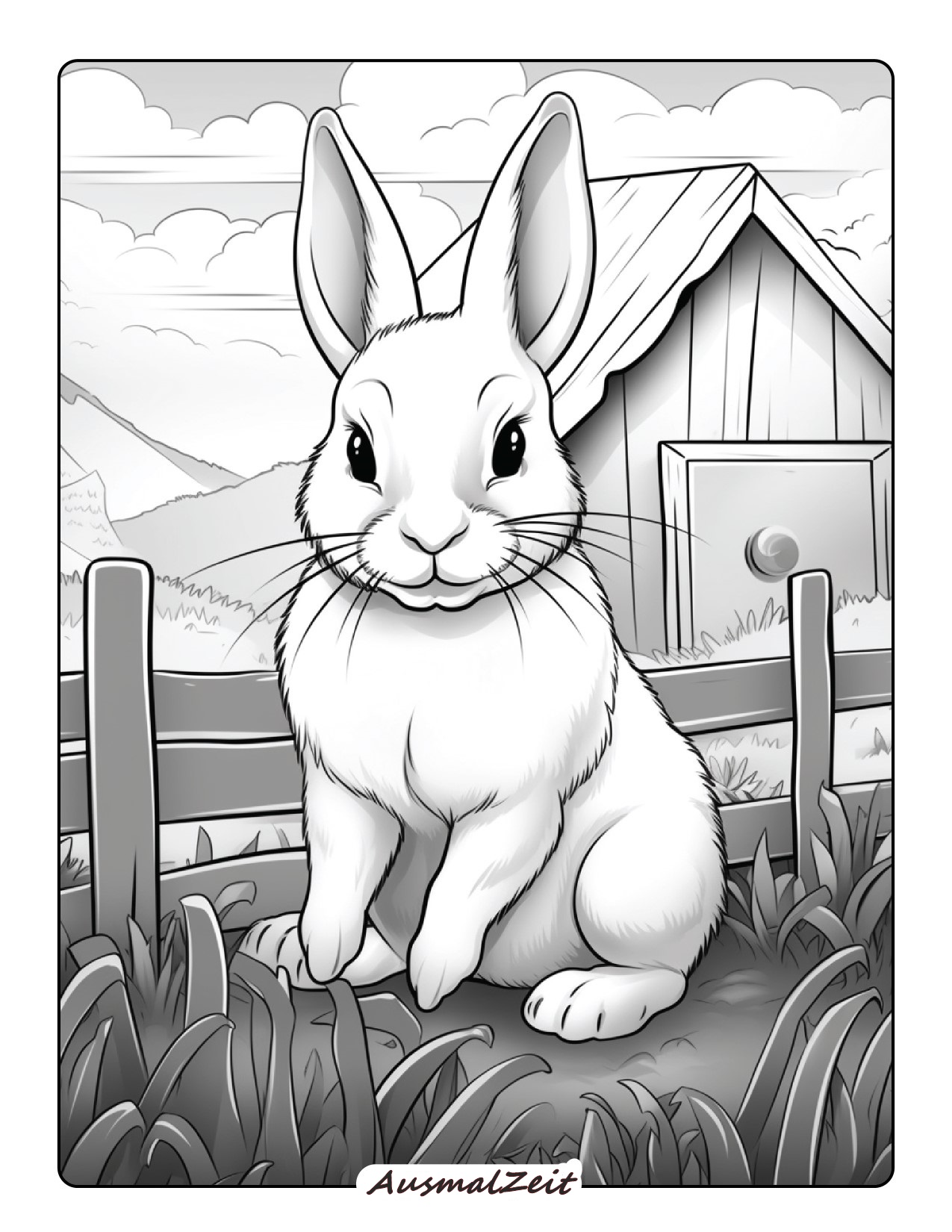 Ausmalbild Realistischer Hase in Frontansicht zum Ausmalen