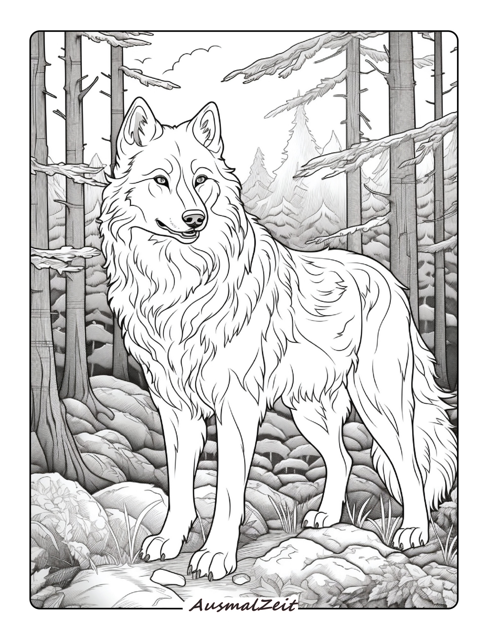 Ausmalbild Wolf in der Nacht