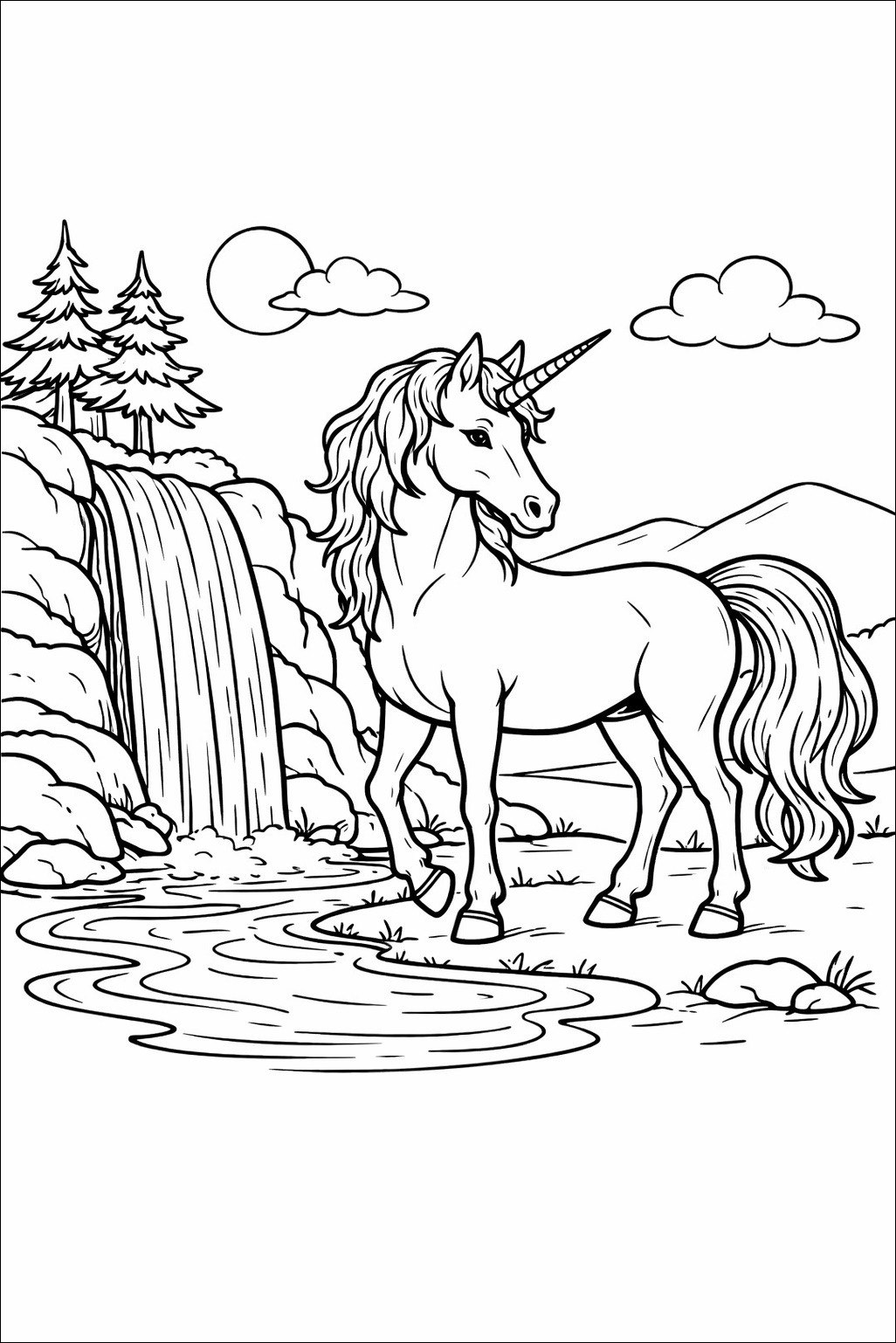 Ausmalbild Einhorn Am Wasserfall kostenlos zum Ausdrucken