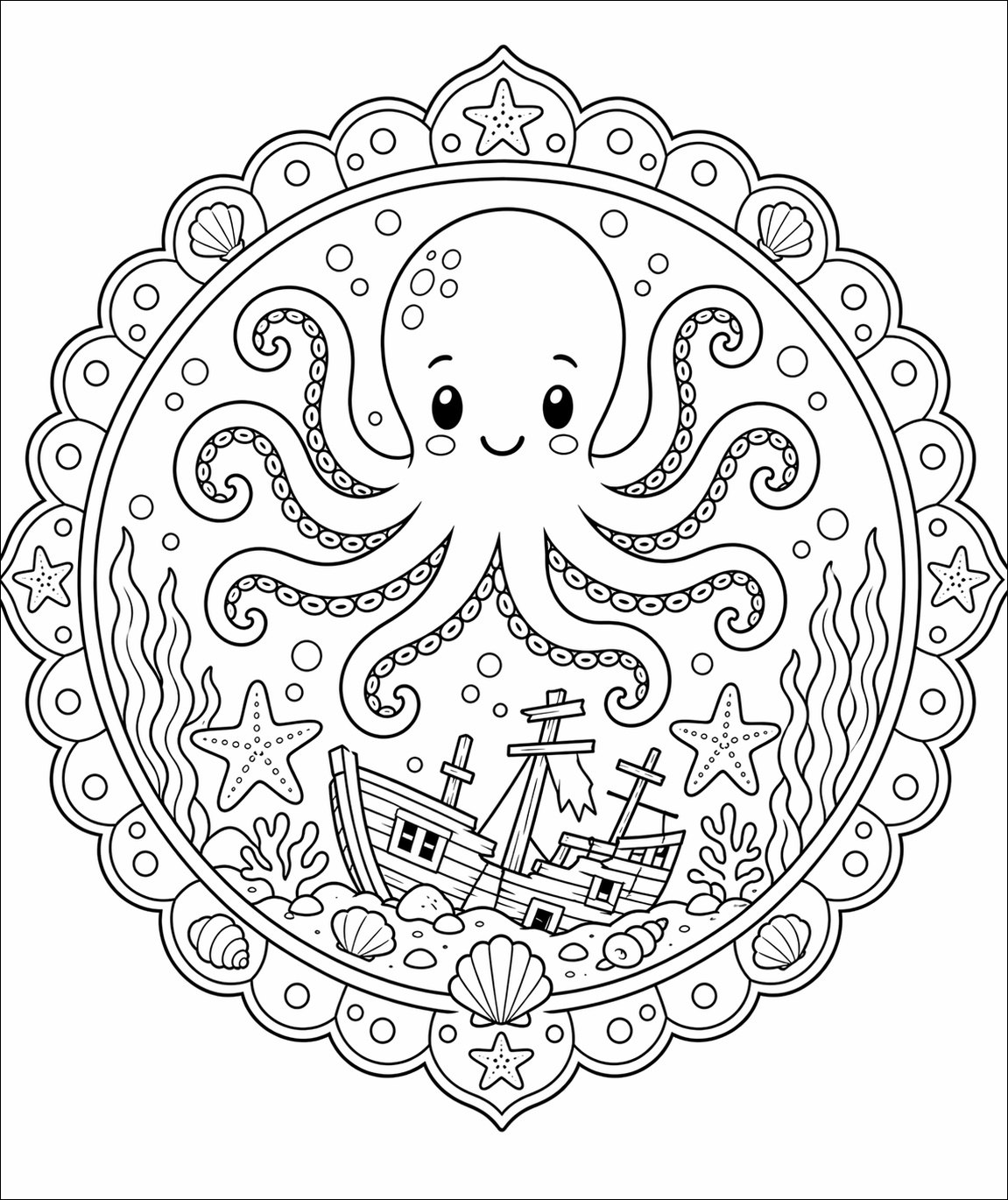 Tintenfisch Mandala Malvorlage Mit Schiffswrack Für Kinder kostenlos zum Ausdrucken