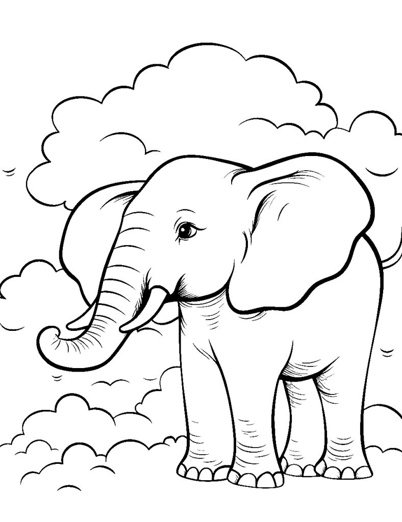 Ausmalbild Elefant Traum Wolken für Kinder