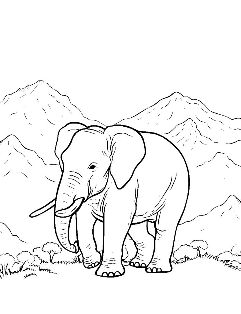 Ausmalbild Elefant mit Berge Kulisse