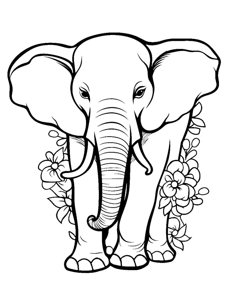 Ausmalbild Elefant mit Blumen - Kostenlos