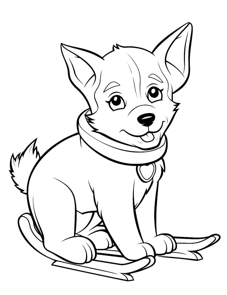 Ausmalbild Husky Welpe sitzt auf einem Schlitten