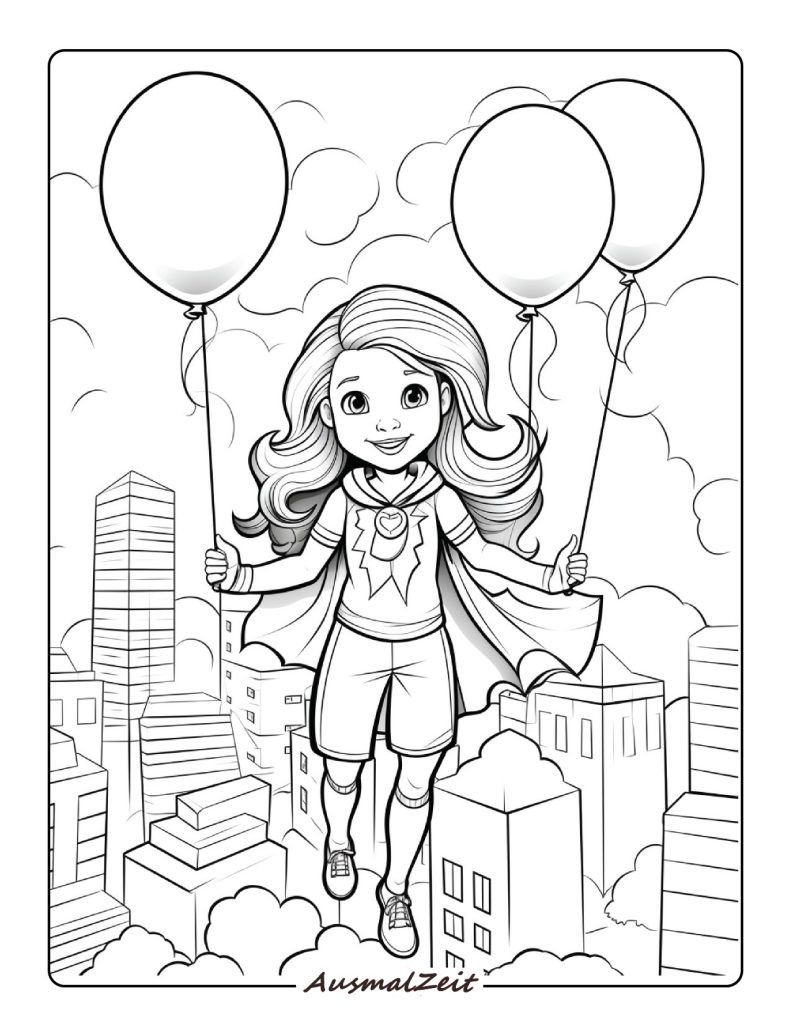 Ausmalbild Superheld mit Luftballons