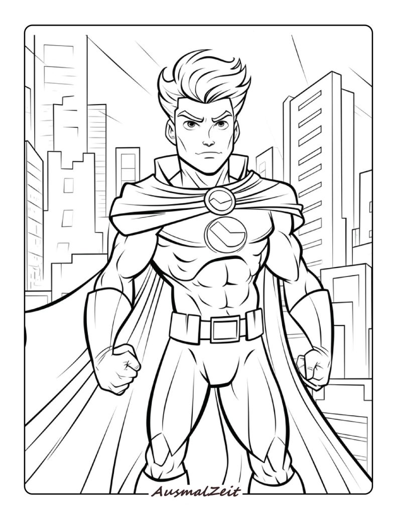 Malvorlage Superheld in der Stadt