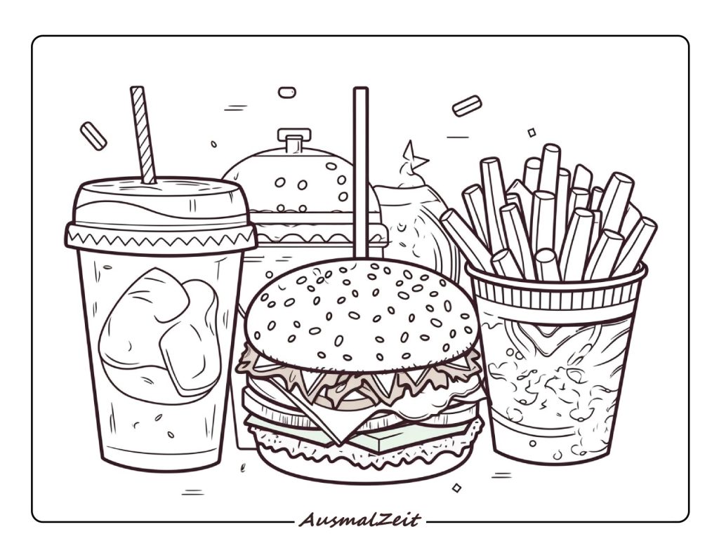 Ausmalbild Burger und Pommes Lebensmittel