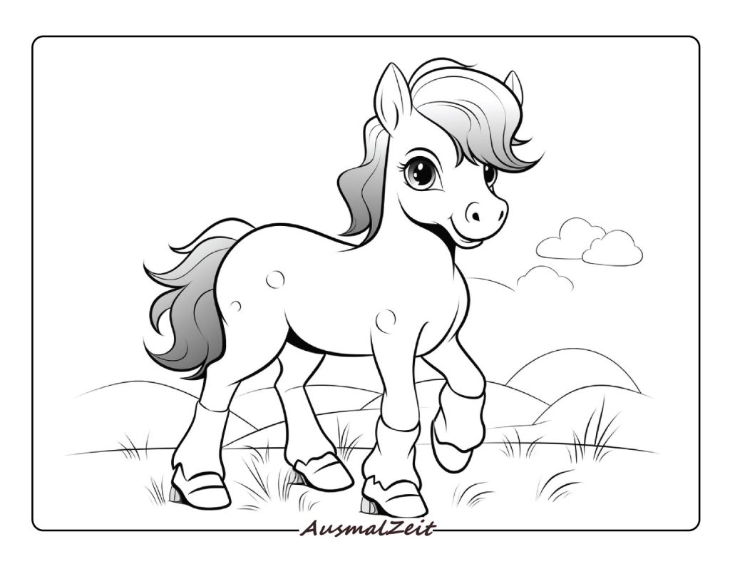 Ausmalbild Pony auf einer Blumenwiese zum Ausdrucken