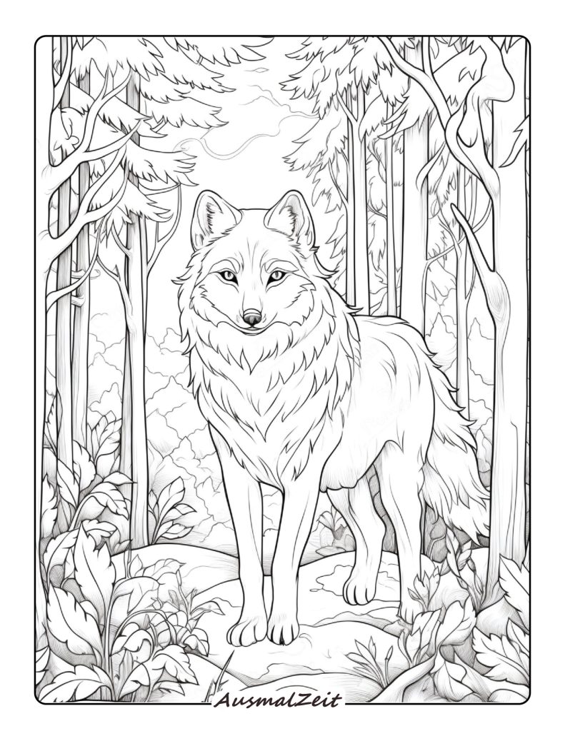 Ausmalbild Wolf im Herbst zum Ausdrucken - Tiere