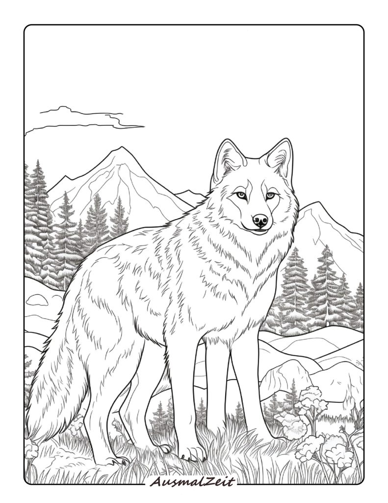Ausmalbild Wolf in der Natur Kostenlos zum Ausdrucken