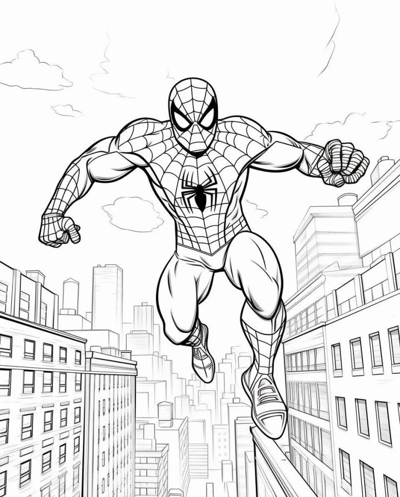 Spiderman mit Bauwerken Ausmalbild