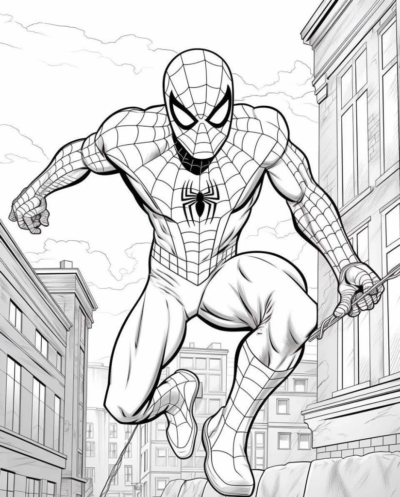 Spiderman springt in die Luft Ausmalbild