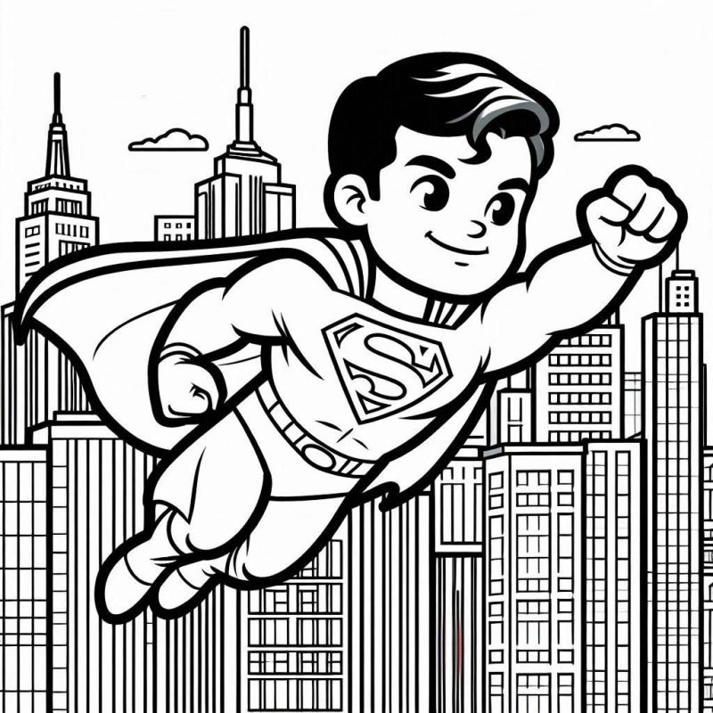 Ausmalbild Superman fliegt über die Stadt