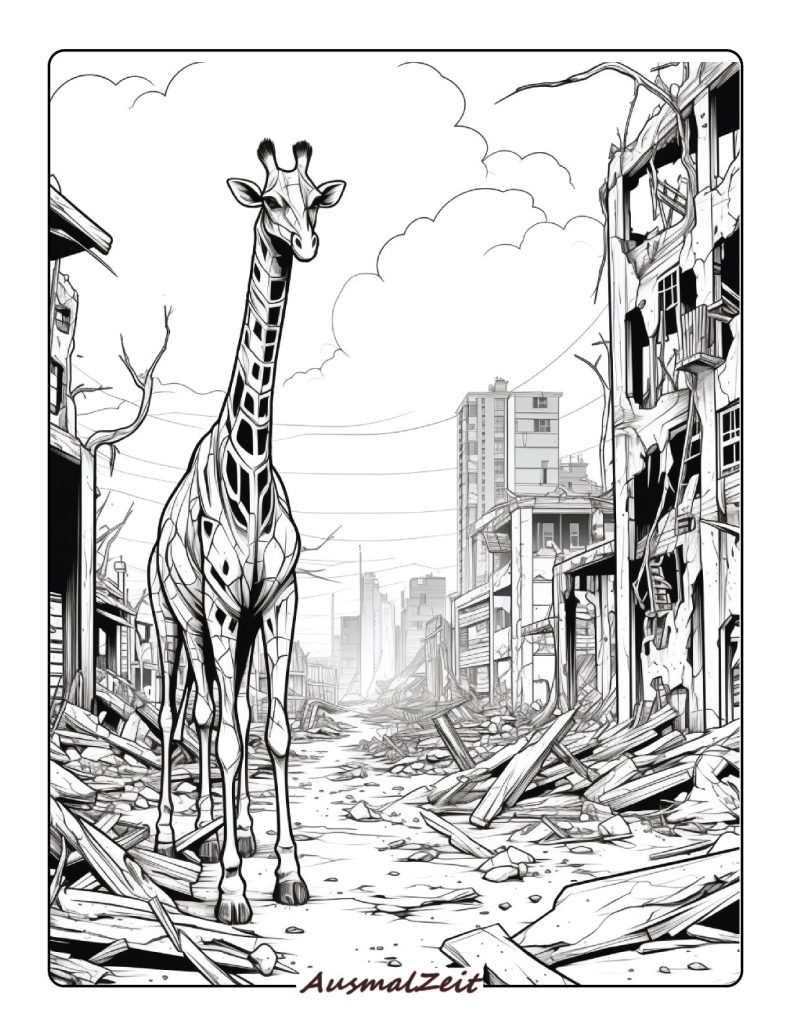 Ausmalbild Giraffe in einer dystopischen Stadt