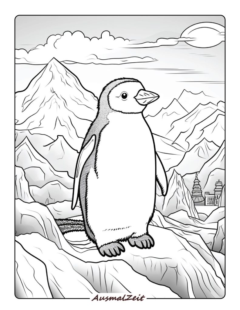 Ausmalbild Pinguin in der Antarktis zum Ausdrucken