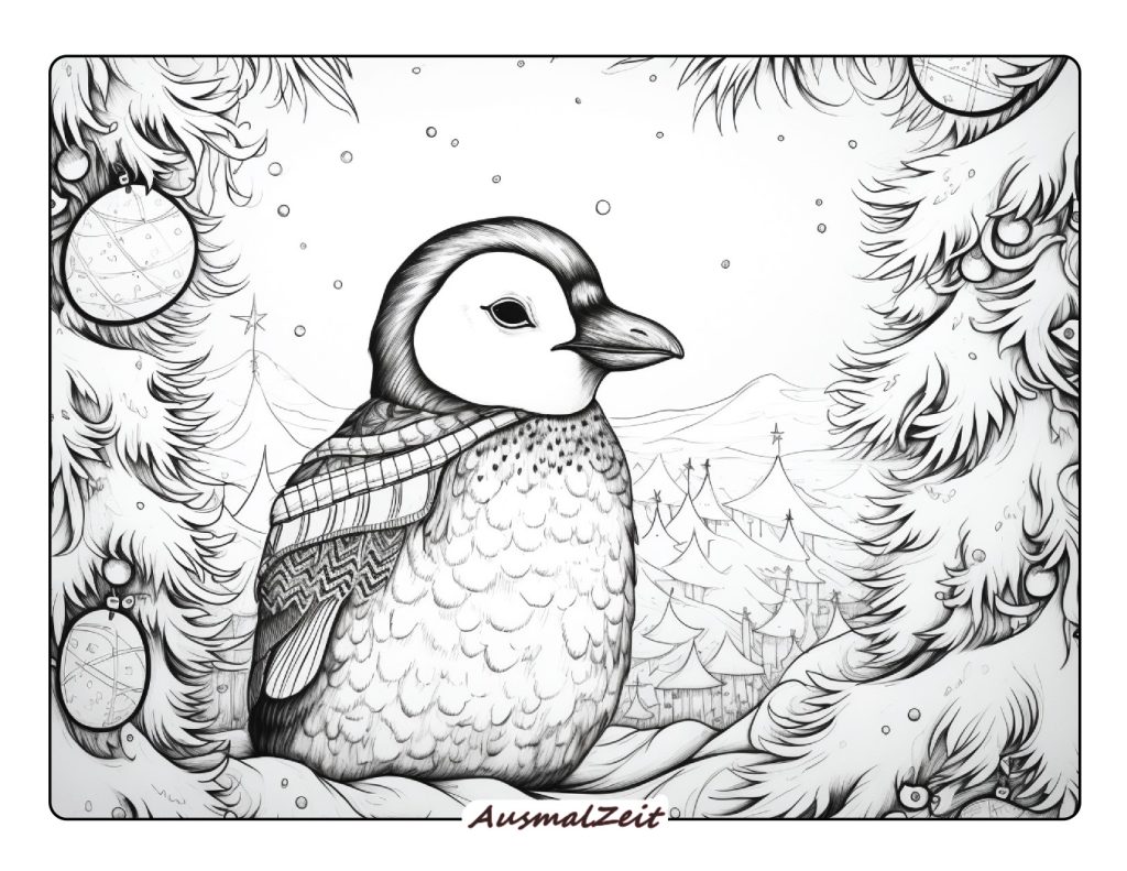 Ausmalbild Pinguin zu Weihnachten