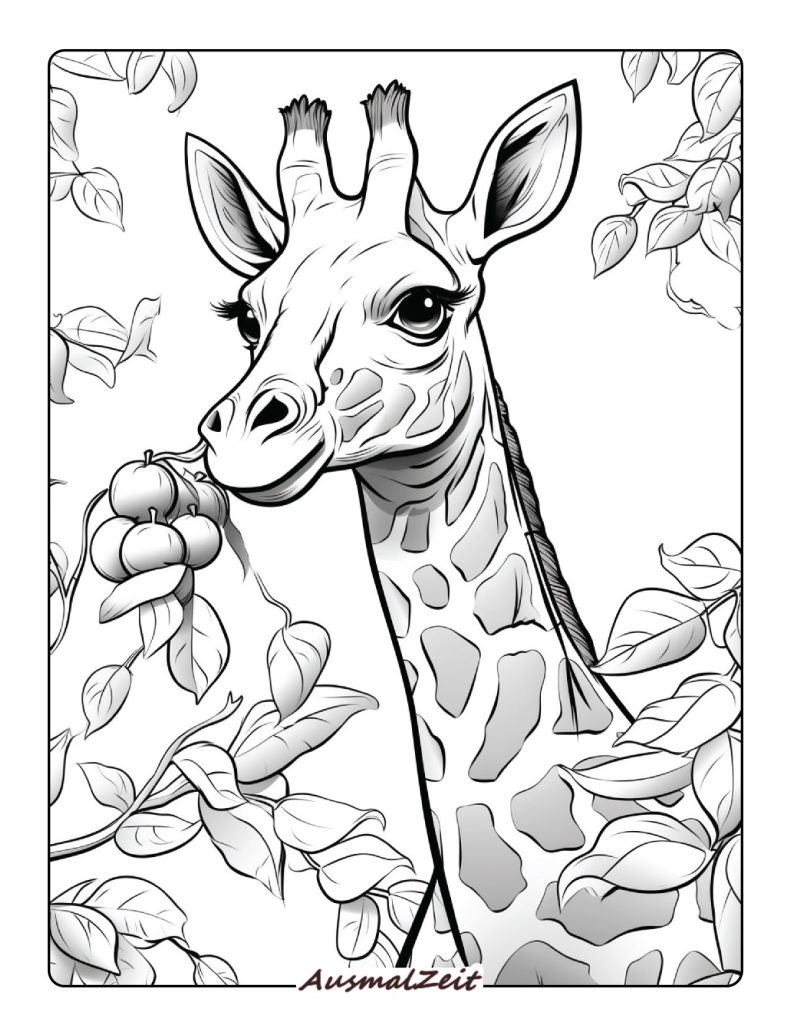 Malvorlage Giraffe und Blätter