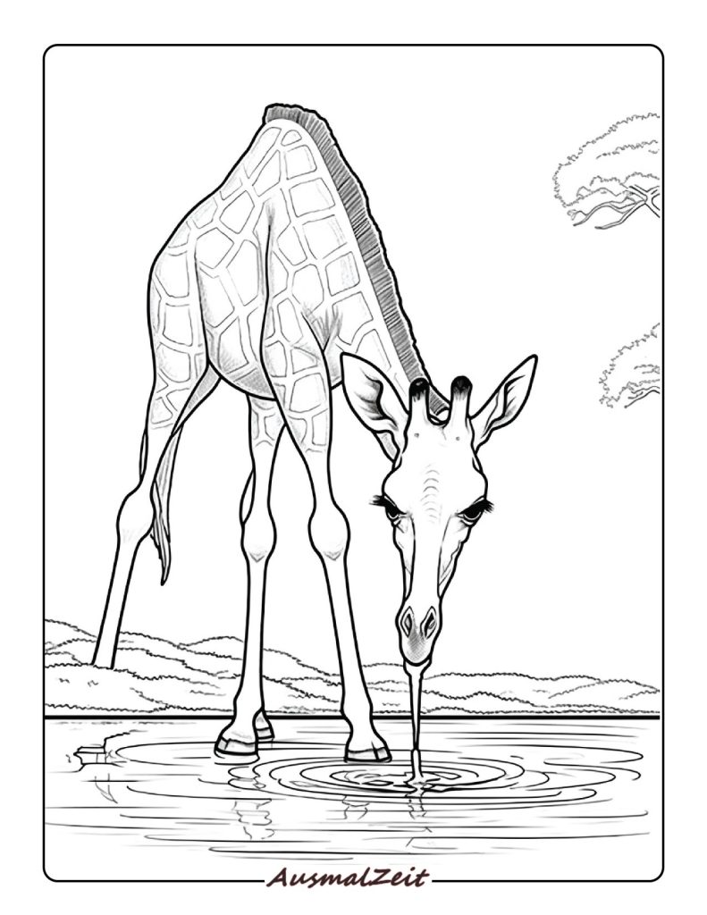 Ausmalbild Giraffe zwischen Wassertropfen