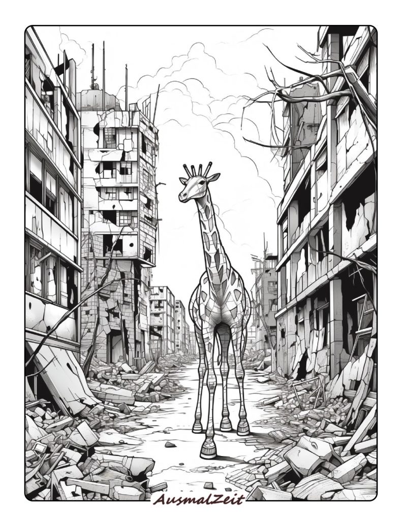 Vorlage Giraffe zwischen zerstörten Häuser zum Ausmalen