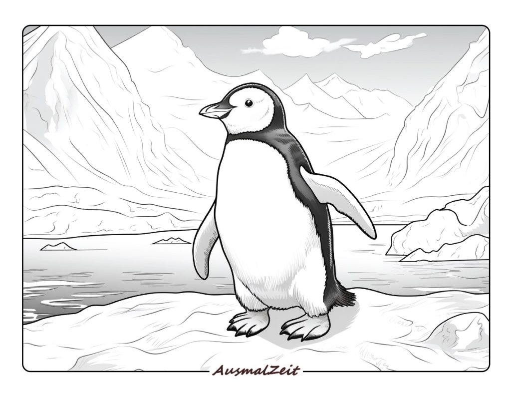 Pinguin steht auf Eisscholle in Arktischer Landschaft zum Ausmalen