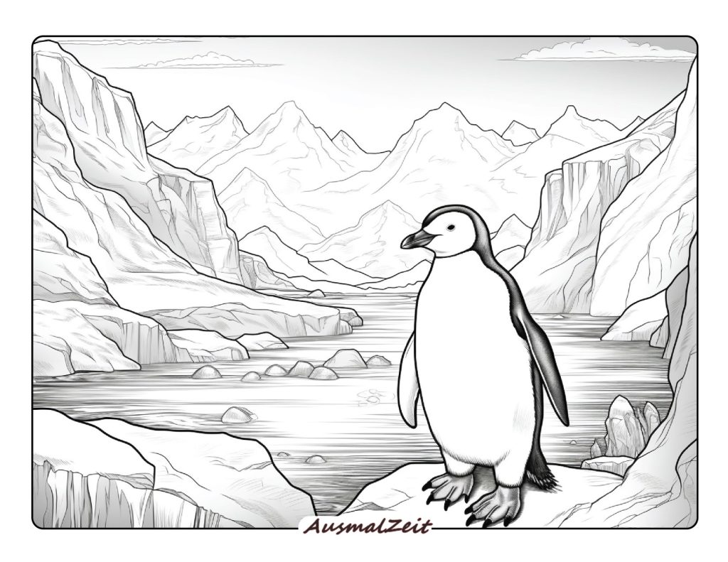 Süßer Cartoon Pinguin der einen Fisch hält Ausmalbild