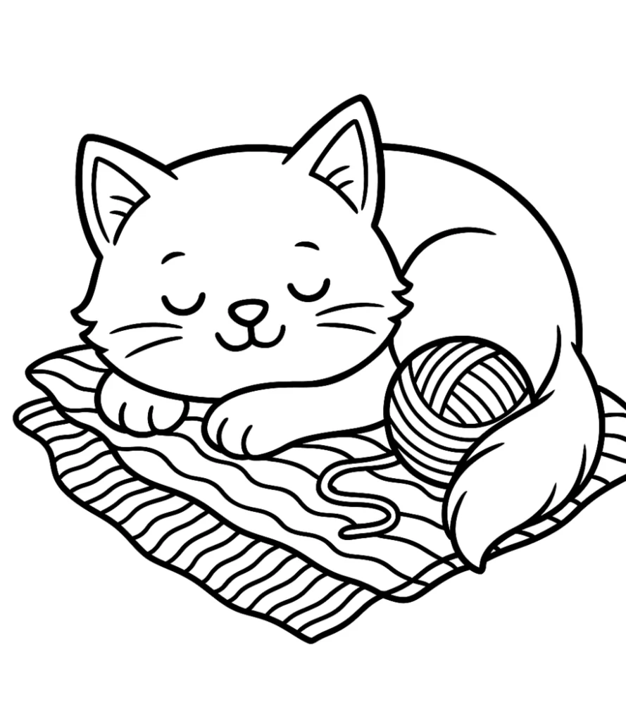 Ausmalbild Katze mit Wollknäuel